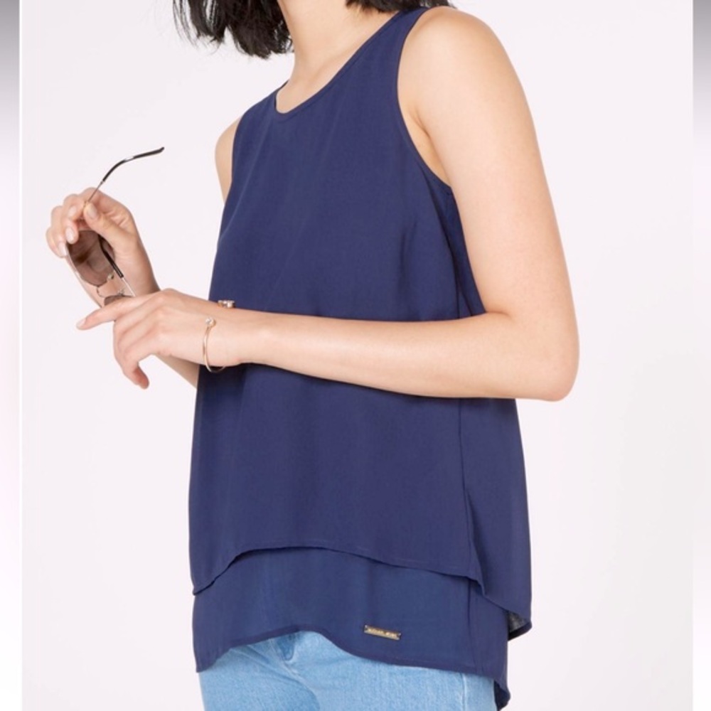 Michael Kors women’s navy blue sleeveless tunic blouse with a layering design